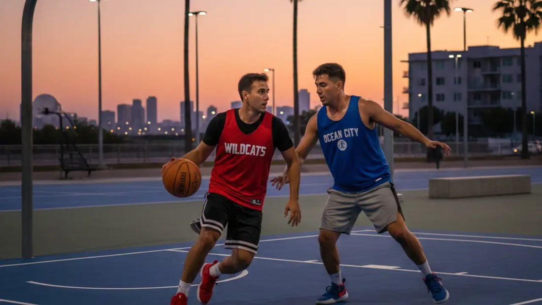Deux personnes entrain de jouer au basket en extérieur